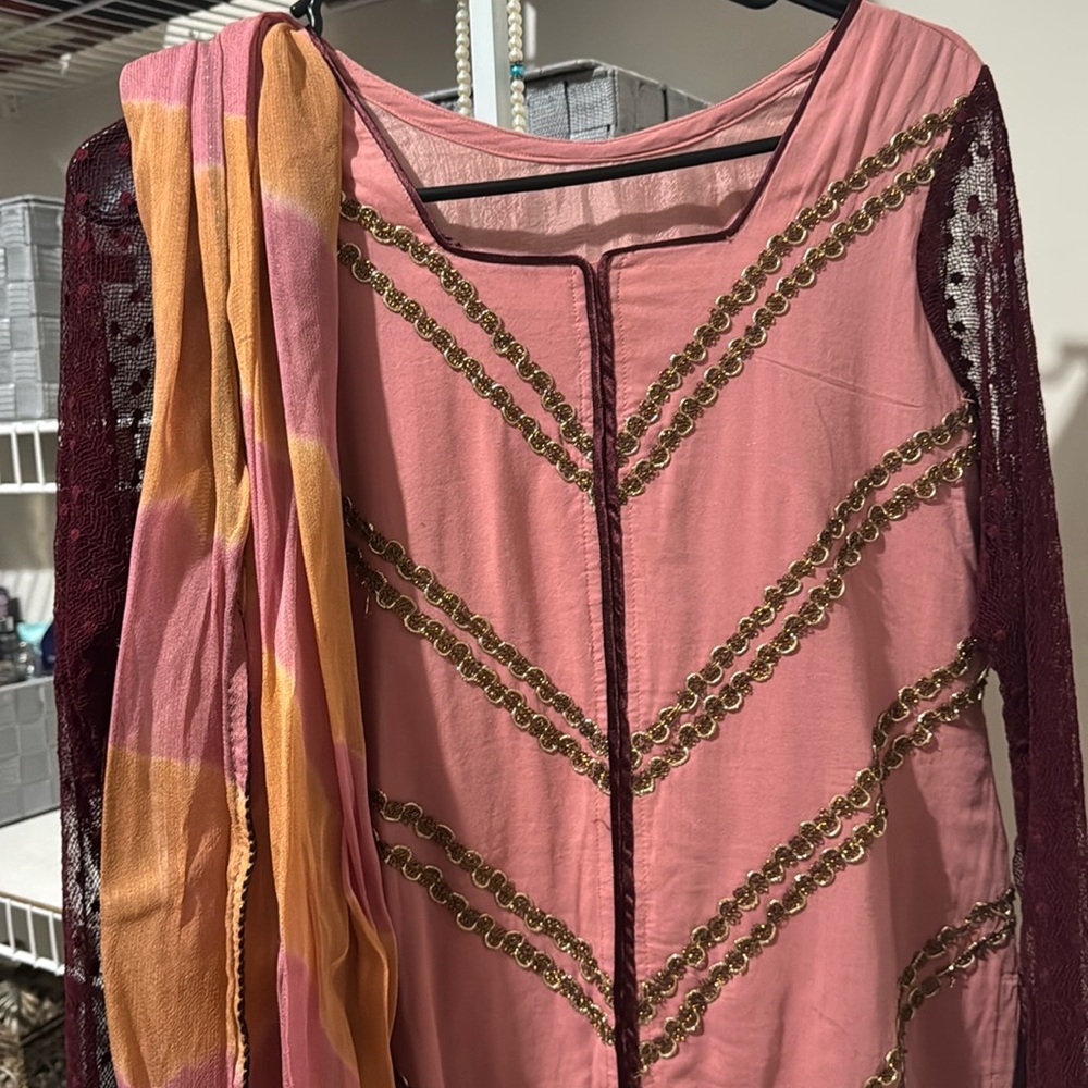Pakistani Indian Pink and Gold Embroidered 2 piece Dress with Scarf